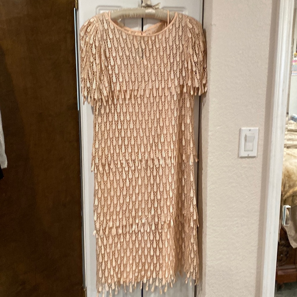 Pale pink knee length crocheted dress worn one time to a wedding